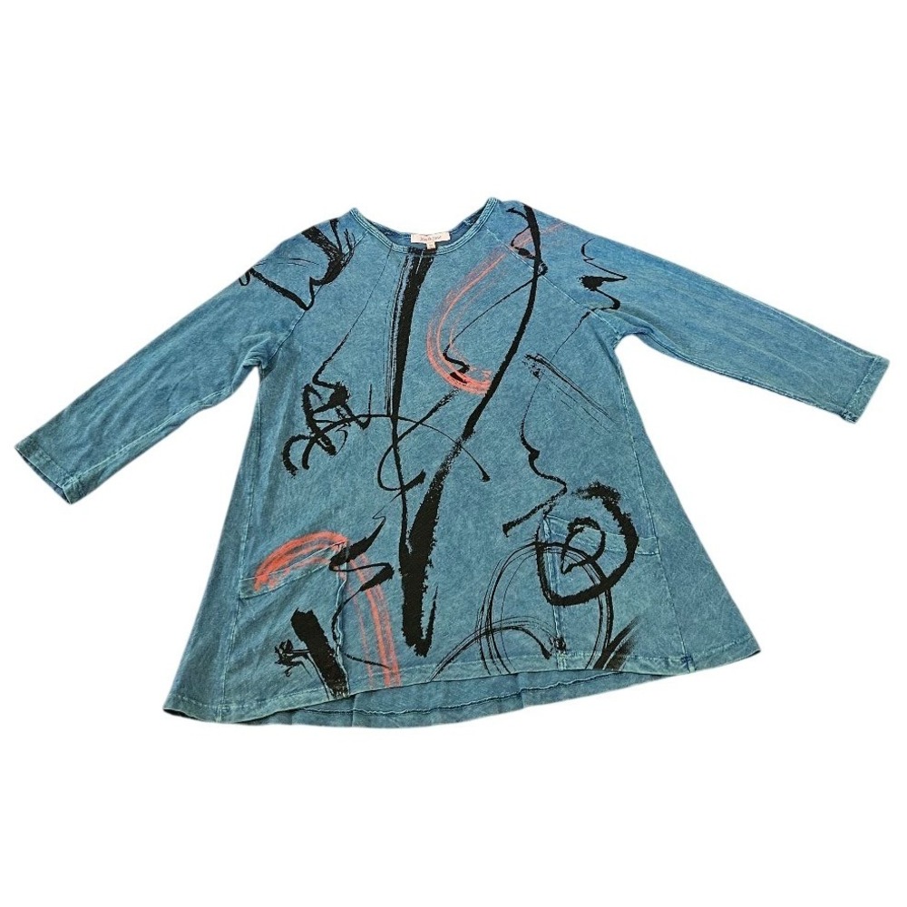 Jess & Jane Womens Blue Abstract Graphic Mineral Wash Cotton Tunic Top Medium